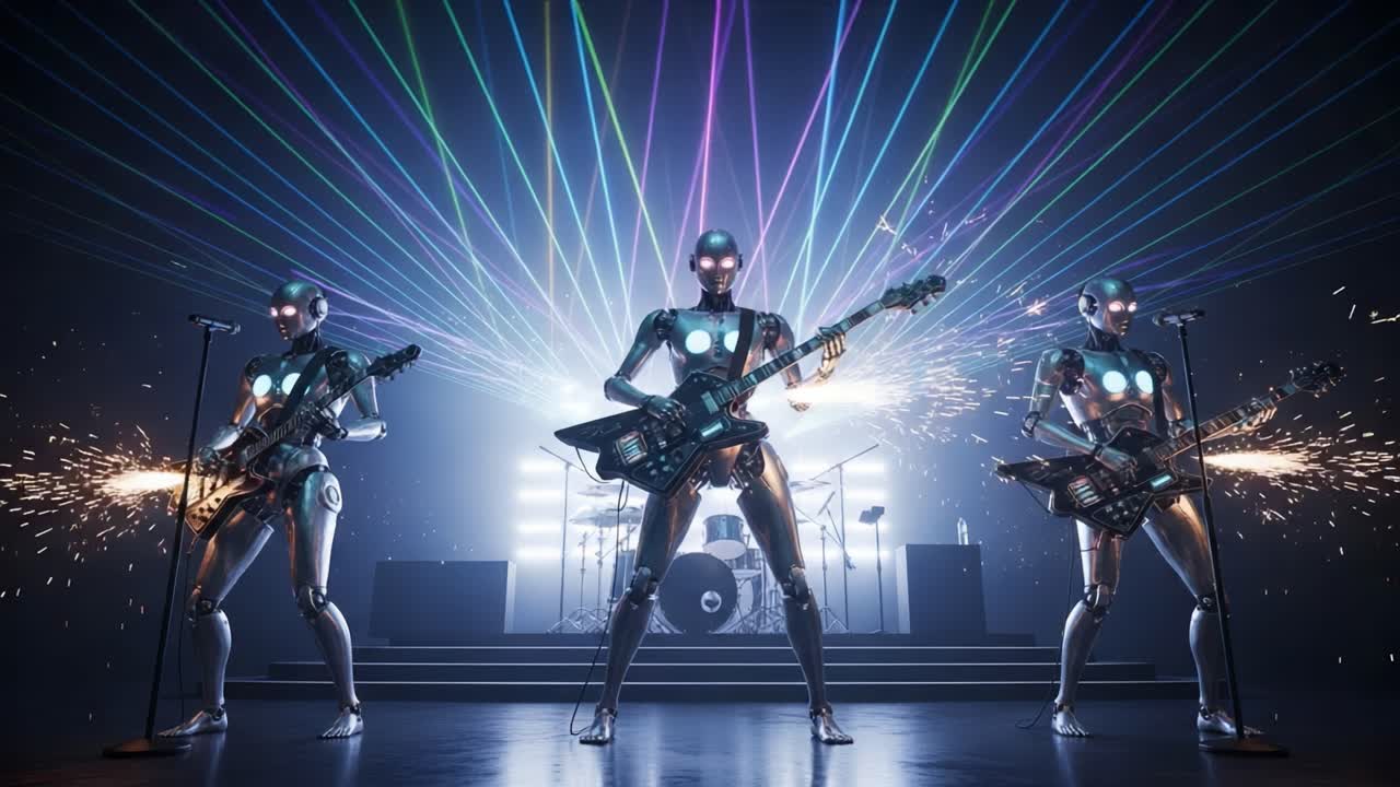 A Dynamic Performance by Robot Musicians with Stunning Laser Light Effects and Explosive Sparks Creating an Entrancing Live Concert Atmosphere