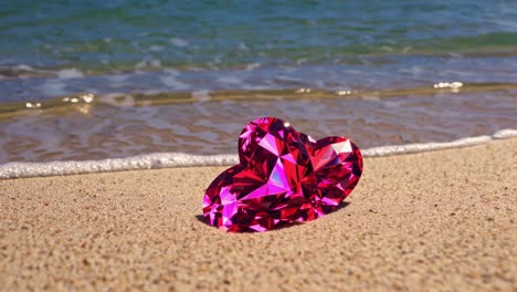 glinsterende roze edelsteen harten rusten op gouden zand, zachte oceaan golven zachtjes aaien kustlijn, belichamen romantische tropische paradijs en serene kust schoonheid