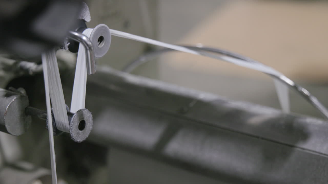 백색 리본이 두 개의 스풀 사이에 인 느린 동작 영상