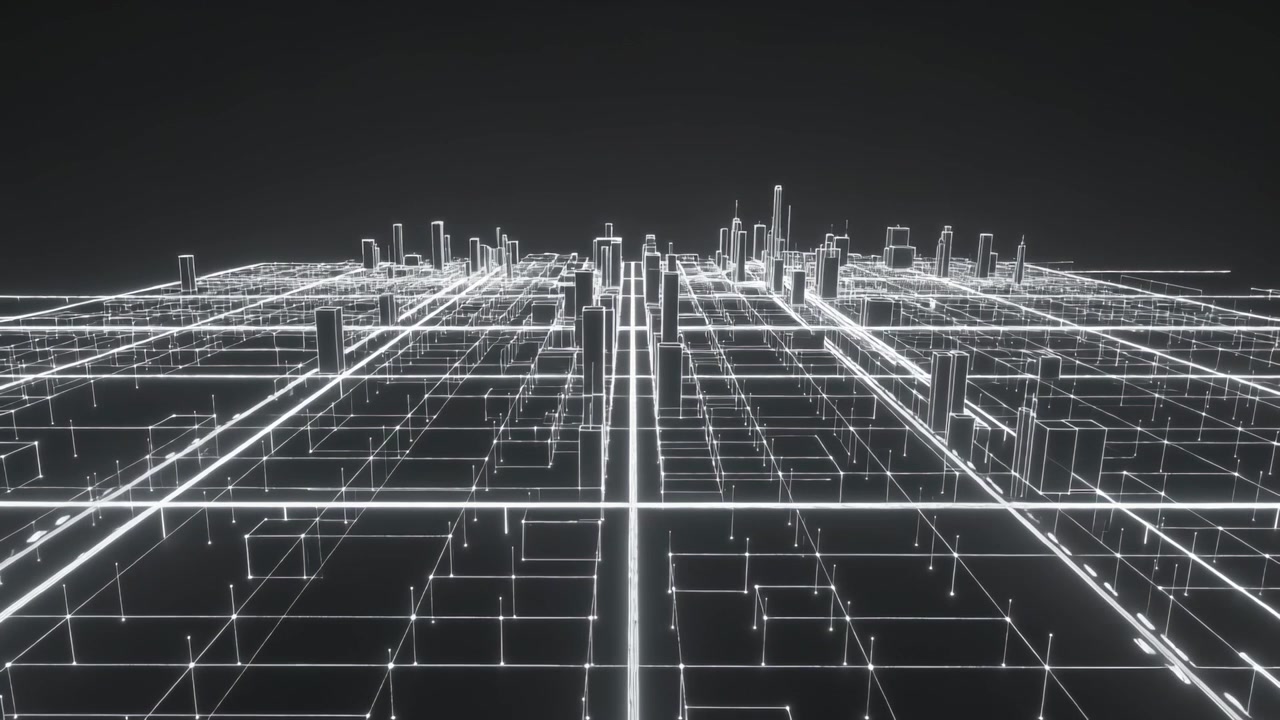 Playback starting showing glowing wireframe city grid receding toward horizon, with luminous towers