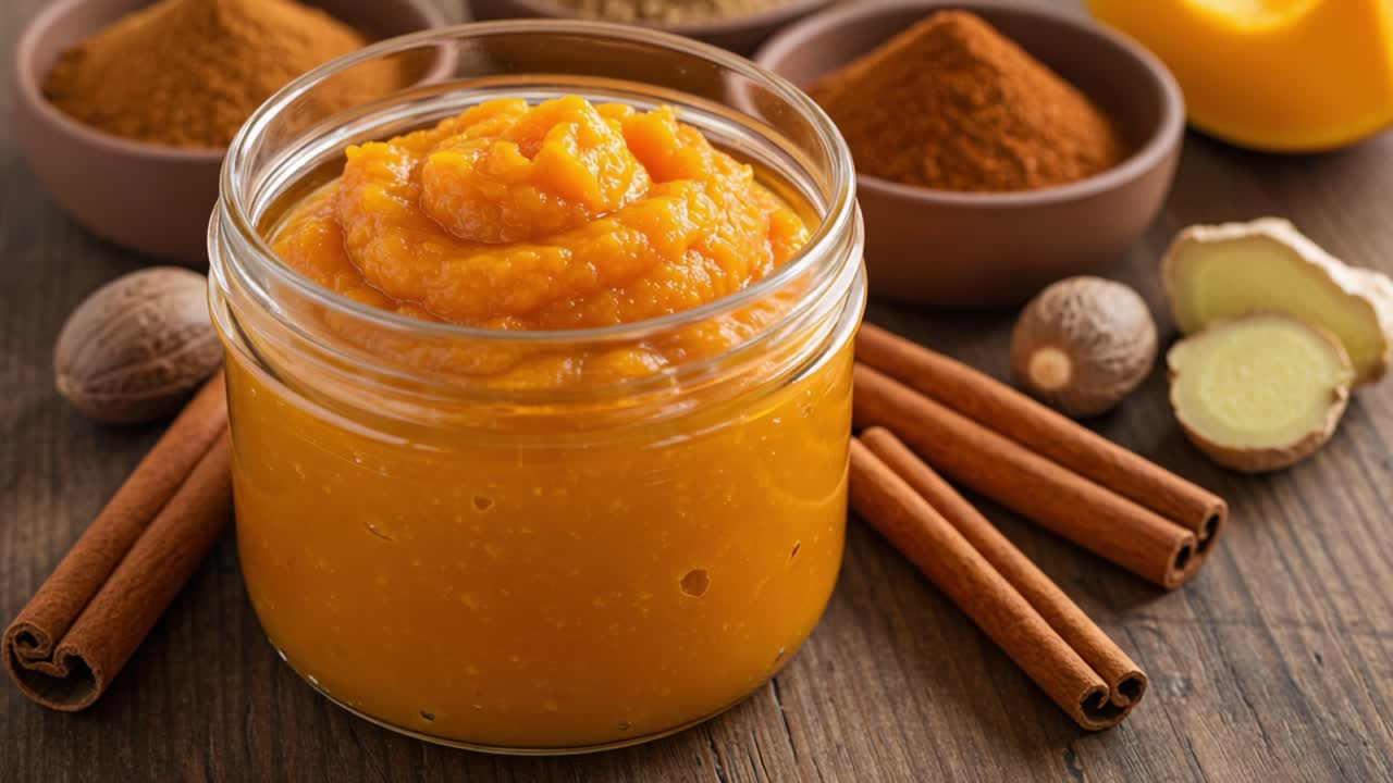 A Delicious Jar of Pumpkin Puree Surrounded by Warm Spices and Ingredients Perfect for Autumn Recipes and Holiday Baking