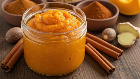 a delicious jar of pumpkin puree surrounded by warm spices and ingredients perfect for autumn recipes and holiday baking