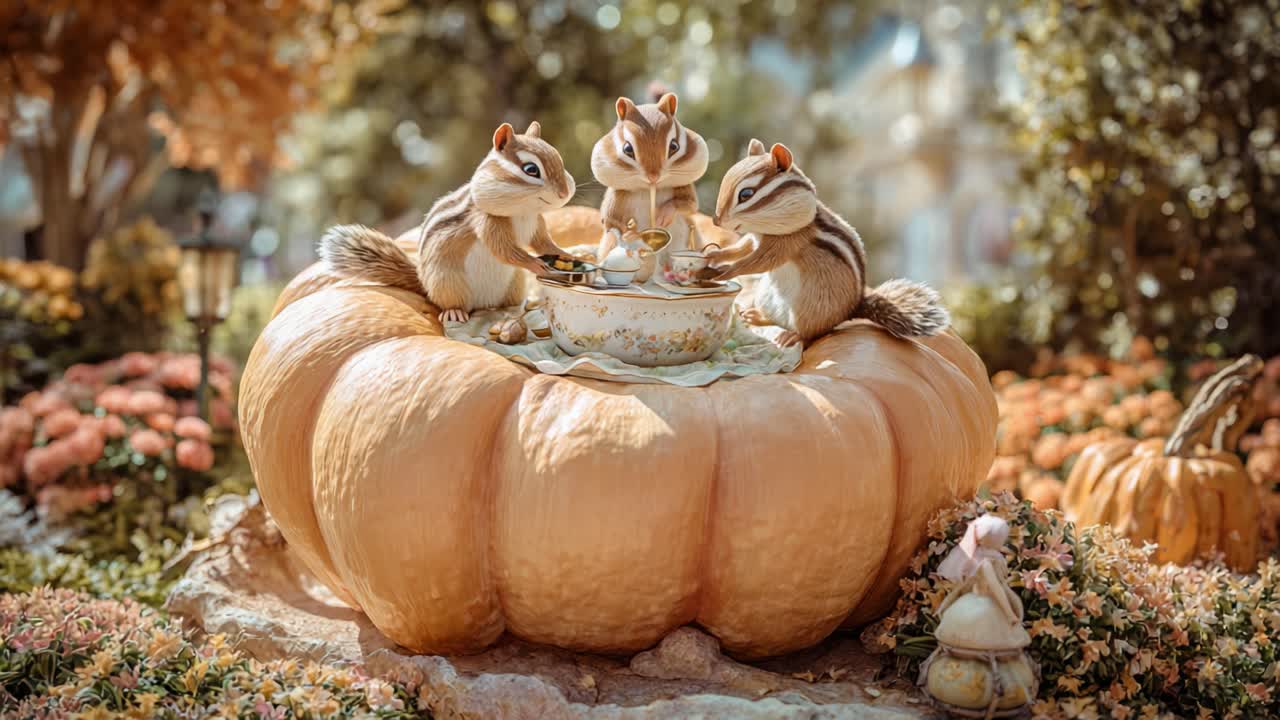 Incantevole scena di scoiattoli stravaganti che organizzano un tea party su una zucca gigante, circondati da fiori autunnali colorati e dalla lussureggiante atmosfera del giardino