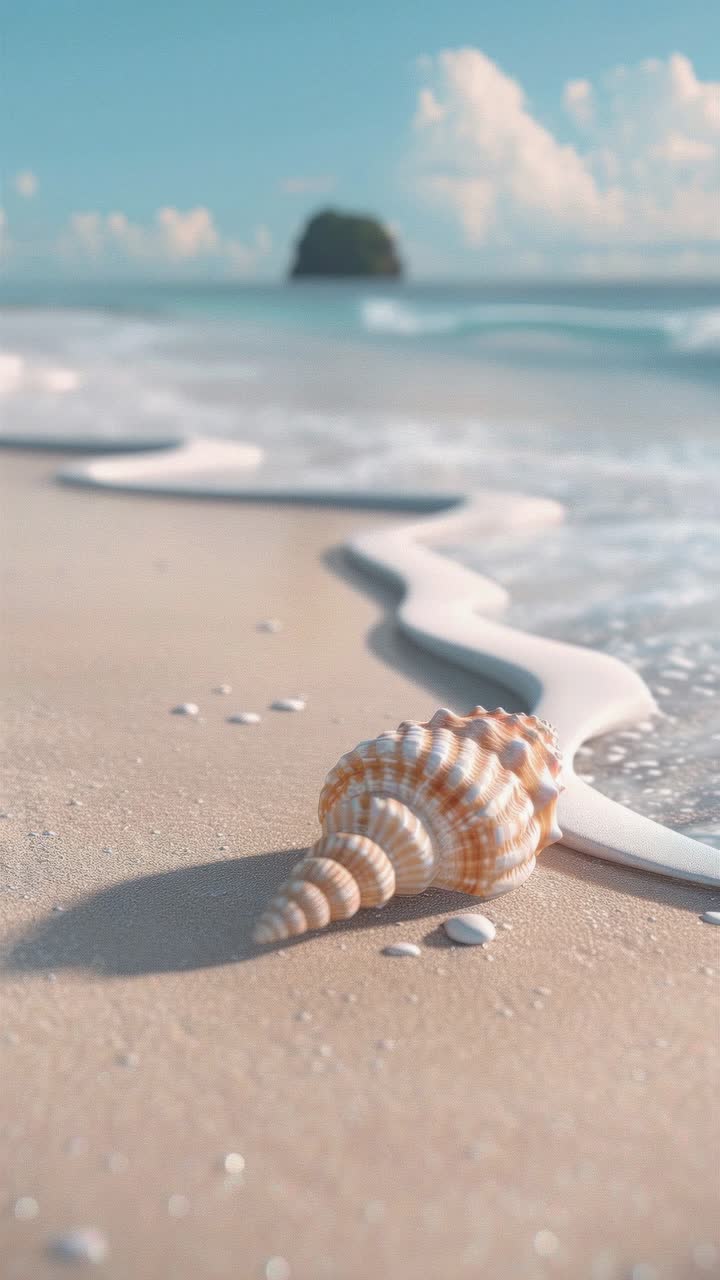 Close-up, low-angle view of a seashell on a sandy beach with gentle waves, capturing a serene
