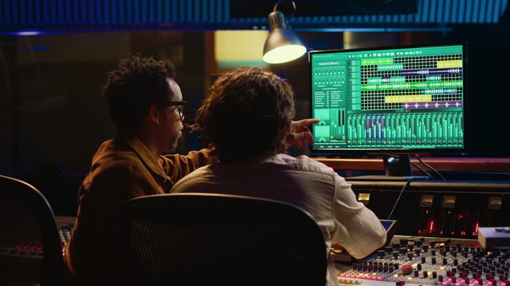 Team of sound engineers working on recording and editing tracks