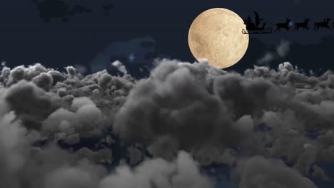 animación de santa claus en trineo con renos sobre nubes y luna