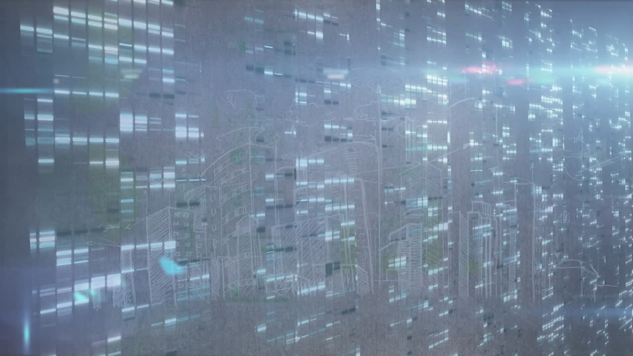 animación del procesamiento de datos estadísticos sobre el paisaje urbano