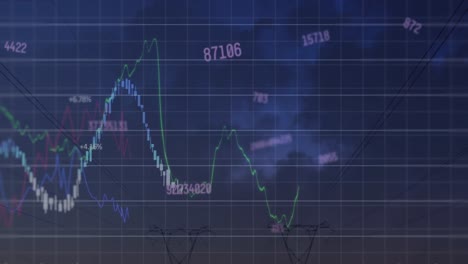 Animation-Der-Statistischen-Datenverarbeitung-Und-Sich-ändernder-Zahlen-über-Netzwerktürmen-Vor-Dunklem-Himmel