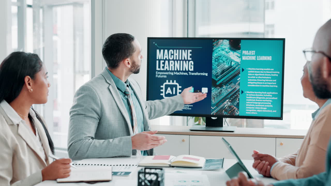 Business meeting discussing machine learning concepts