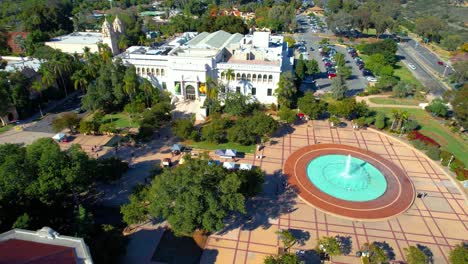 drone of balboa park san diego museum and water fountain