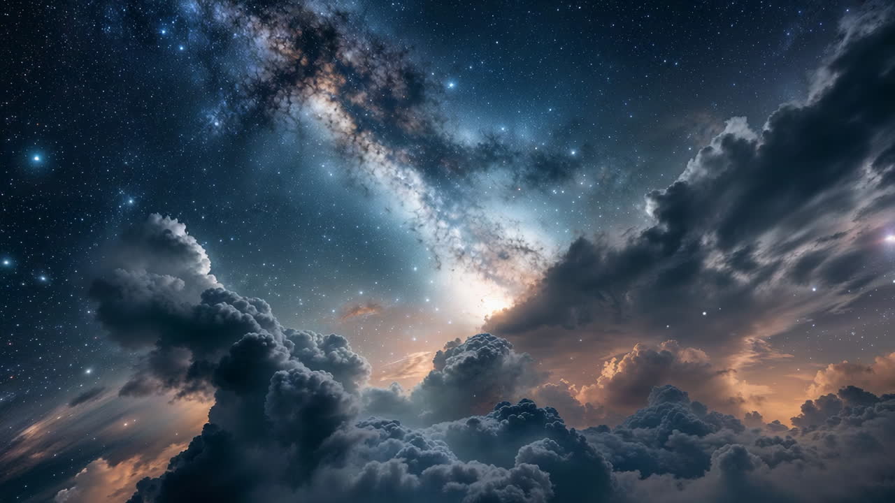 Celestial Night Sky with Dramatic Clouds and Milky Way