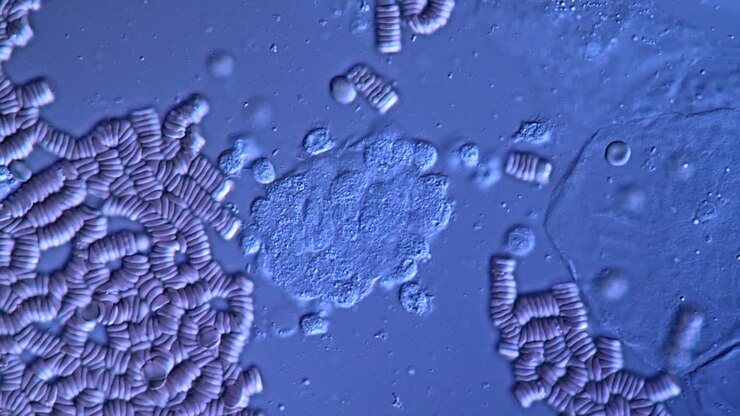 Microscopic view of red blood cells and cellular structures