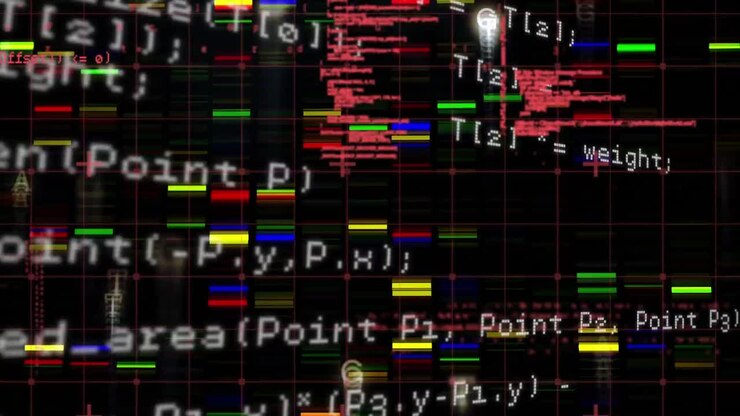 Animation of data processing over dark background