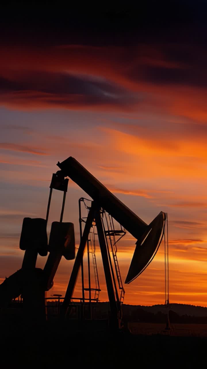Unità dinamica di pompaggio del petrolio sagomata contro un cielo mozzafiato al tramonto con colori ricchi, creando una suggestiva rappresentazione visiva della produzione di energia e della bellezza della natura.