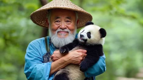 a man holding a panda bear in his arms