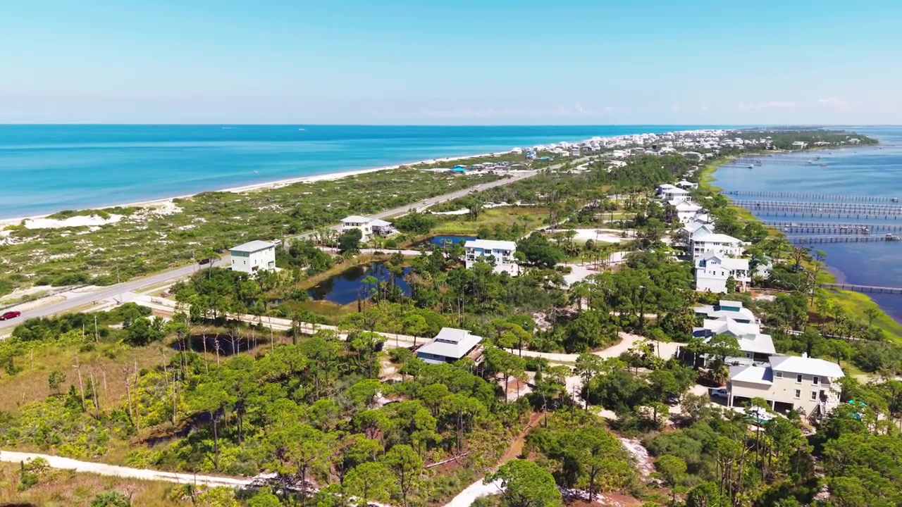 Volo panoramico con drone di un ambiente tropicale lungo la strada 30E con la lontana spiaggia di Cape San Blas e la comunità residenziale costiera di St. Joseph Bay, Florida, USA