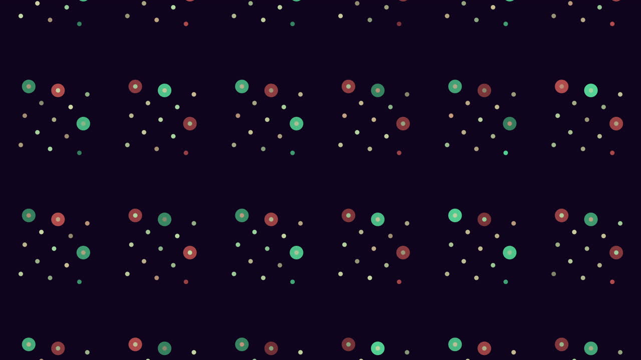 A vibrant and captivating circular pattern made of purple, green, and blue dots on a black backdrop, showcasing an intricate design with overlapping elements