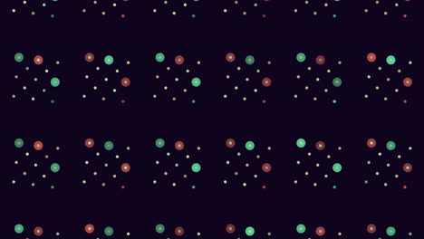 a vibrant and captivating circular pattern made of purple, green, and blue dots on a black backdrop, showcasing an intricate design with overlapping elements