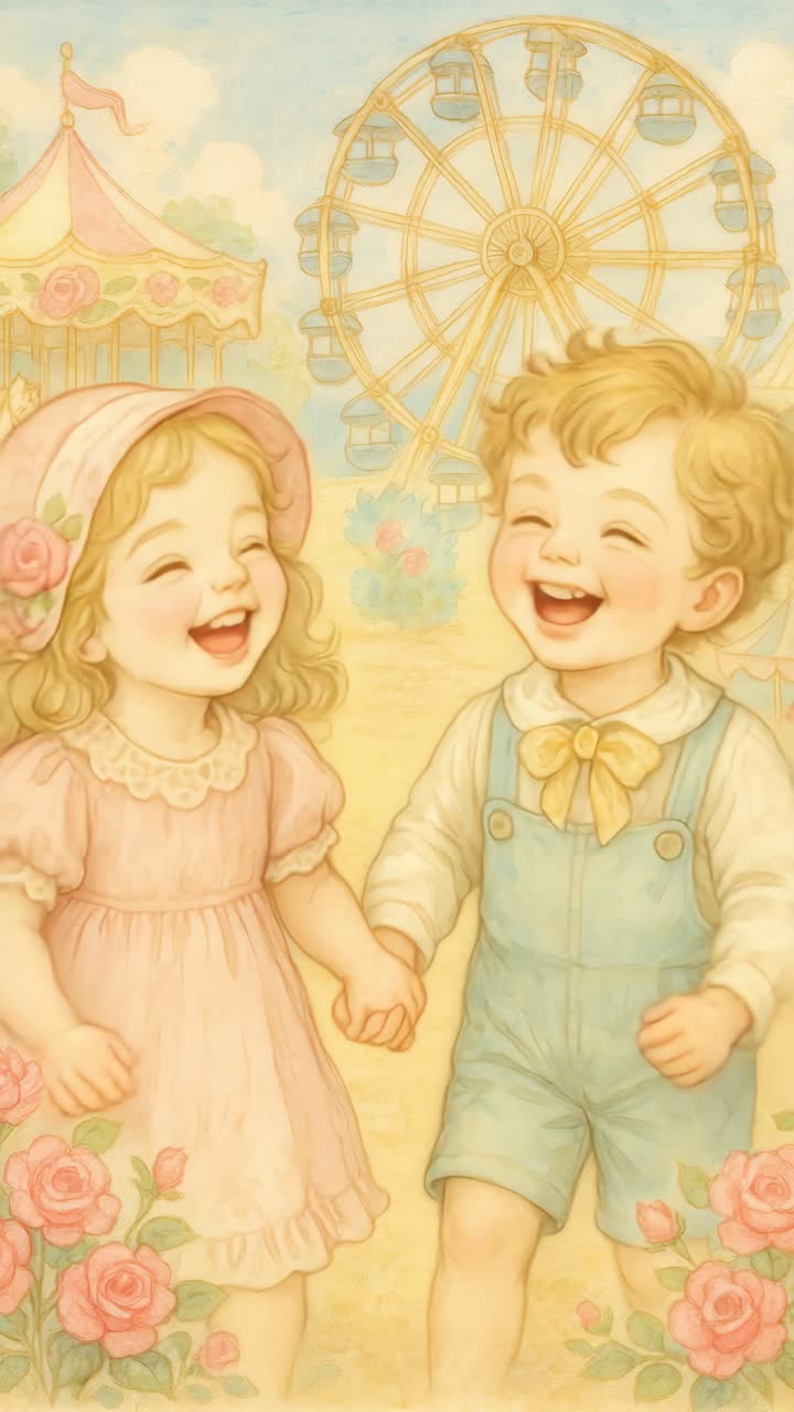 Vintage-style illustration of joyful children holding hands at an amusement park