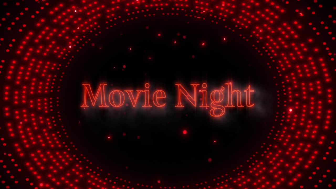 Animazione del testo "Serata Cinema" al neon rosso su motivo ovale di punti luce rossi lampeggianti