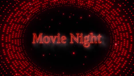 Animation-of-movie-night-text-in-red-neon-over-oval-pattern-of-red-flashing-light-spots