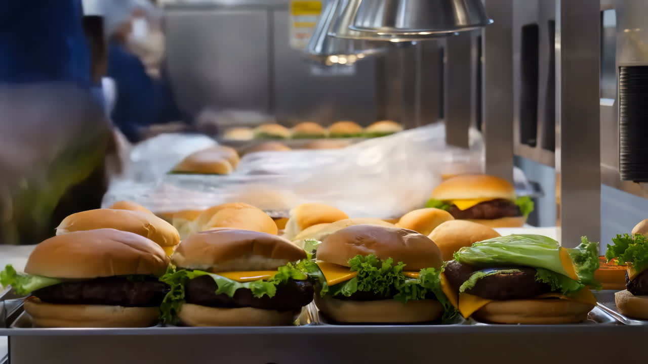 Burgers being prepared in a kitchen