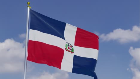 flag of dominica republic moving in the wind with a clear blue sky in the background, clouds slowly moving, flagpole, slow motion