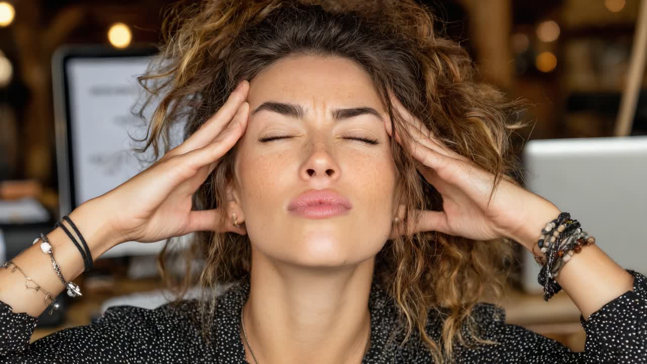A Portrait of Intense Concentration: A Woman Experiencing Overwhelming Stress in a Work Environment, Demonstrating Signs of Mental Strain and Focus