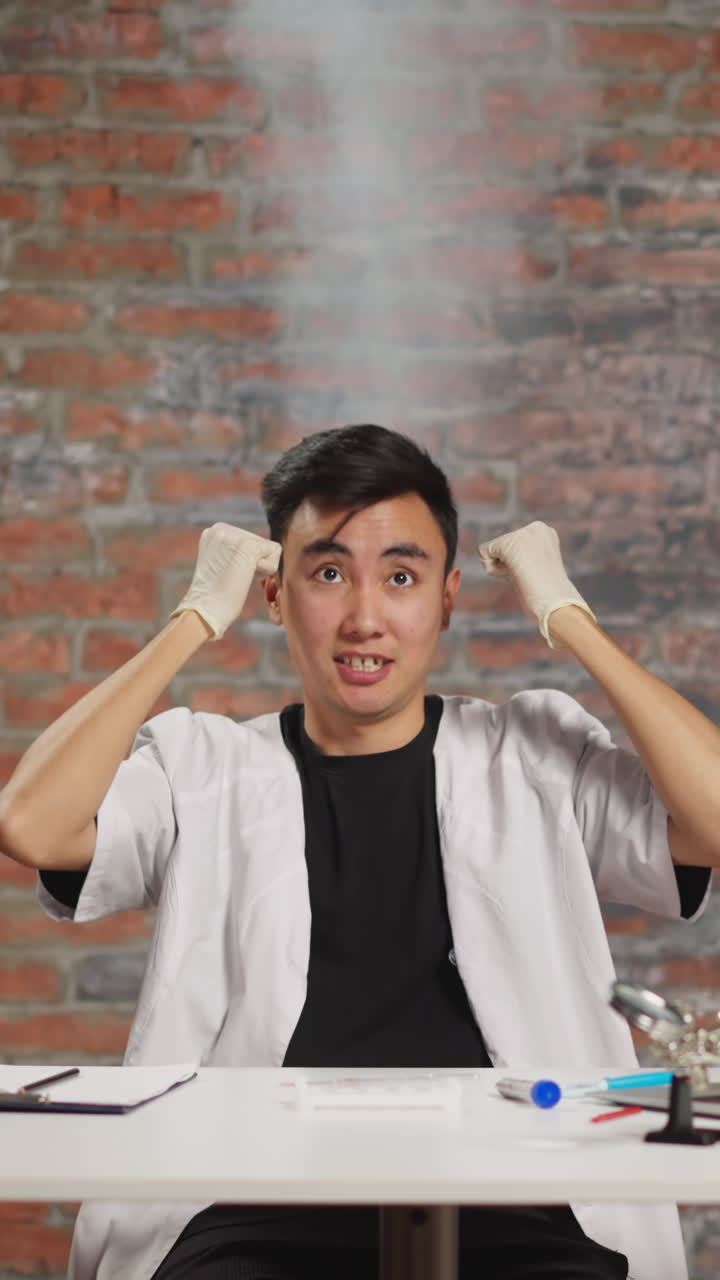 Overworked Asian scientist in robe with steam pillar above head shakes fists crazy of bad experiment at workplace in scientific laboratory