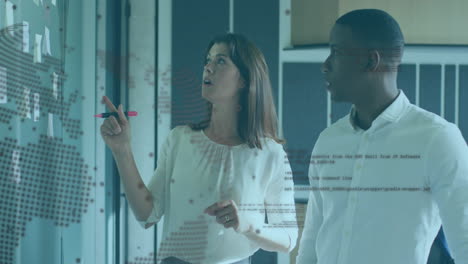 Animation-of-globe-and-computer-language,-diverse-coworkers-discussing-strategy-on-sticky-notes