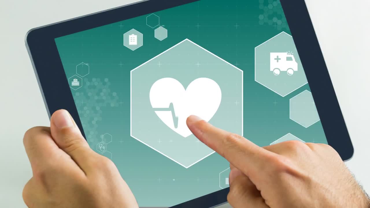 Animasi digital detak jantung dan ambulans di tablet digital 4k