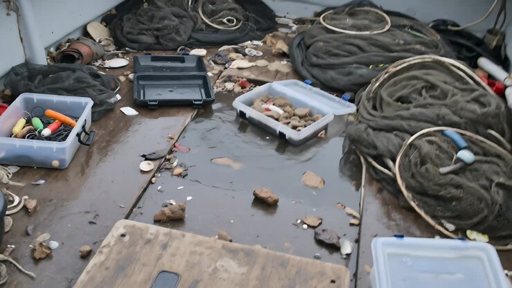 Shifting handheld camera revealing wet stern deck after haul, showing coiled nets, floats, toolbox