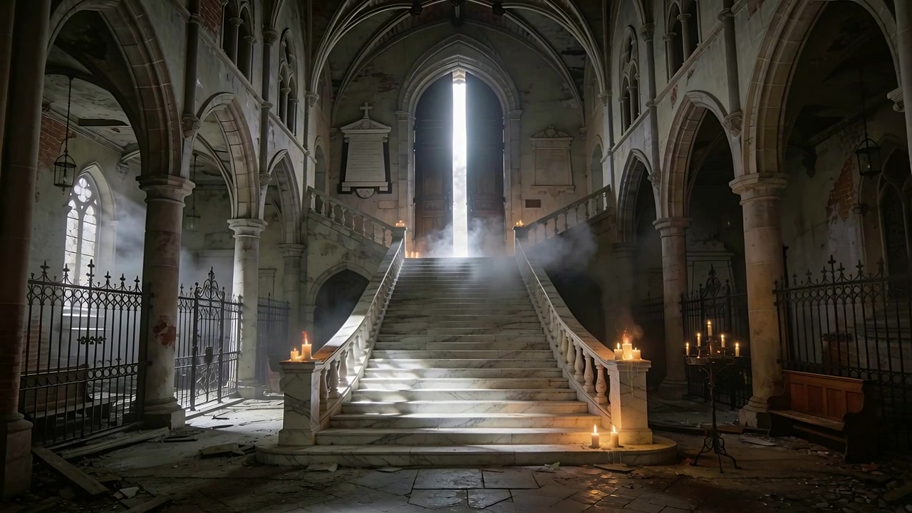 Un fascio di luce illumina le scale di marmo che conducono a un'apertura, nebbia che si sposta nella chiesa, candele tremolanti.