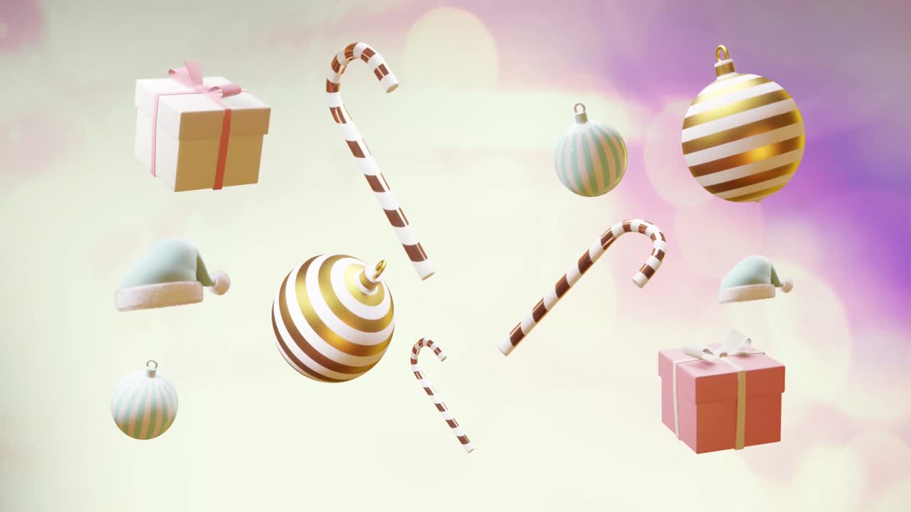 animación de decoraciones de navidad con un fondo púrpura.