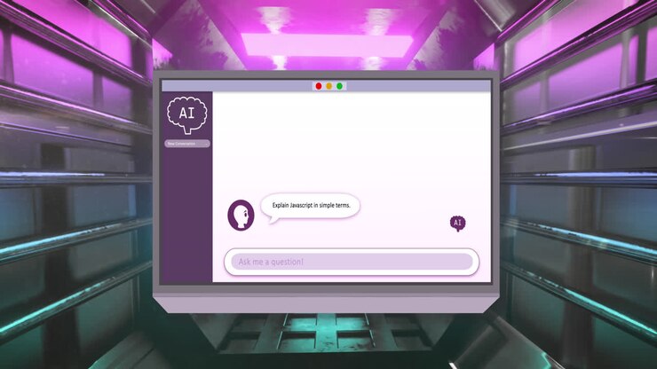 Animation of ai text, icons and data processing over neon tunnel