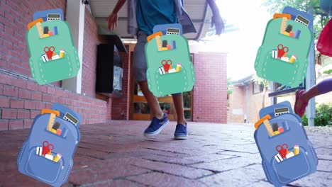 animación de los iconos de las mochilas escolares sobre los niños que corren en la escuela