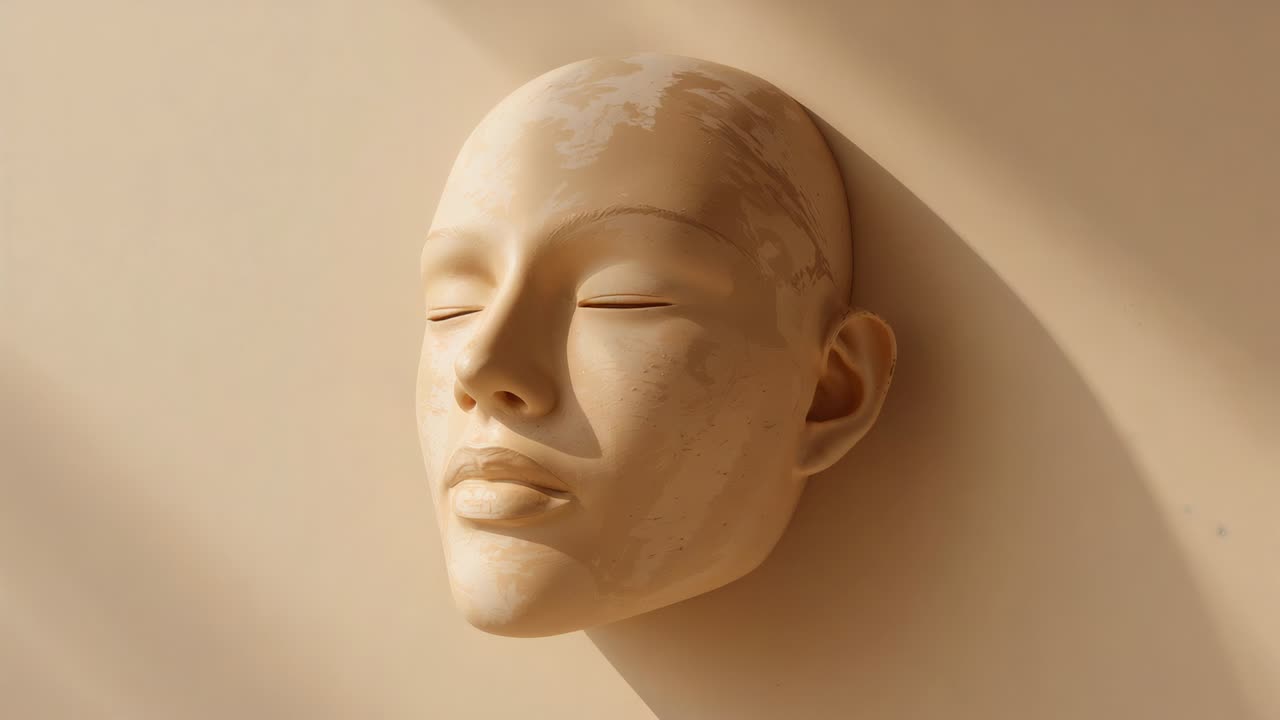 Panning camera moving closer to sculpted head in studio, revealing texture under warm light