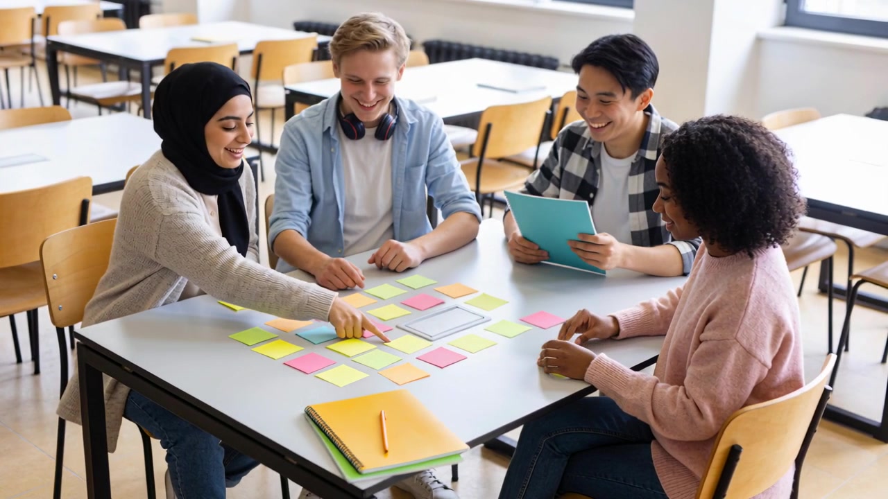 Studenti chinati che spostano post-it in classe, una griglia che stimola la pianificazione, con hijab e cartella.