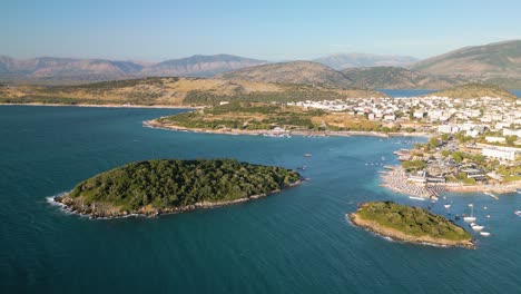 aerial drone panning shot of the south coast at albania on a sunny day