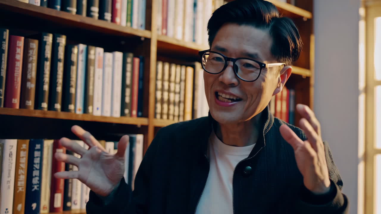 Man Talking and Gesturing in a Library