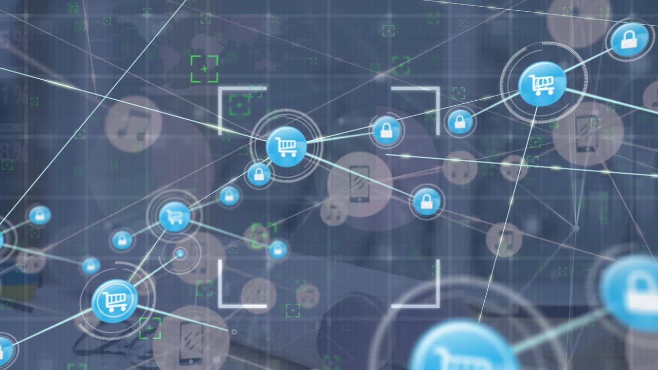 animación de la red de conexiones con iconos y procesamiento de datos