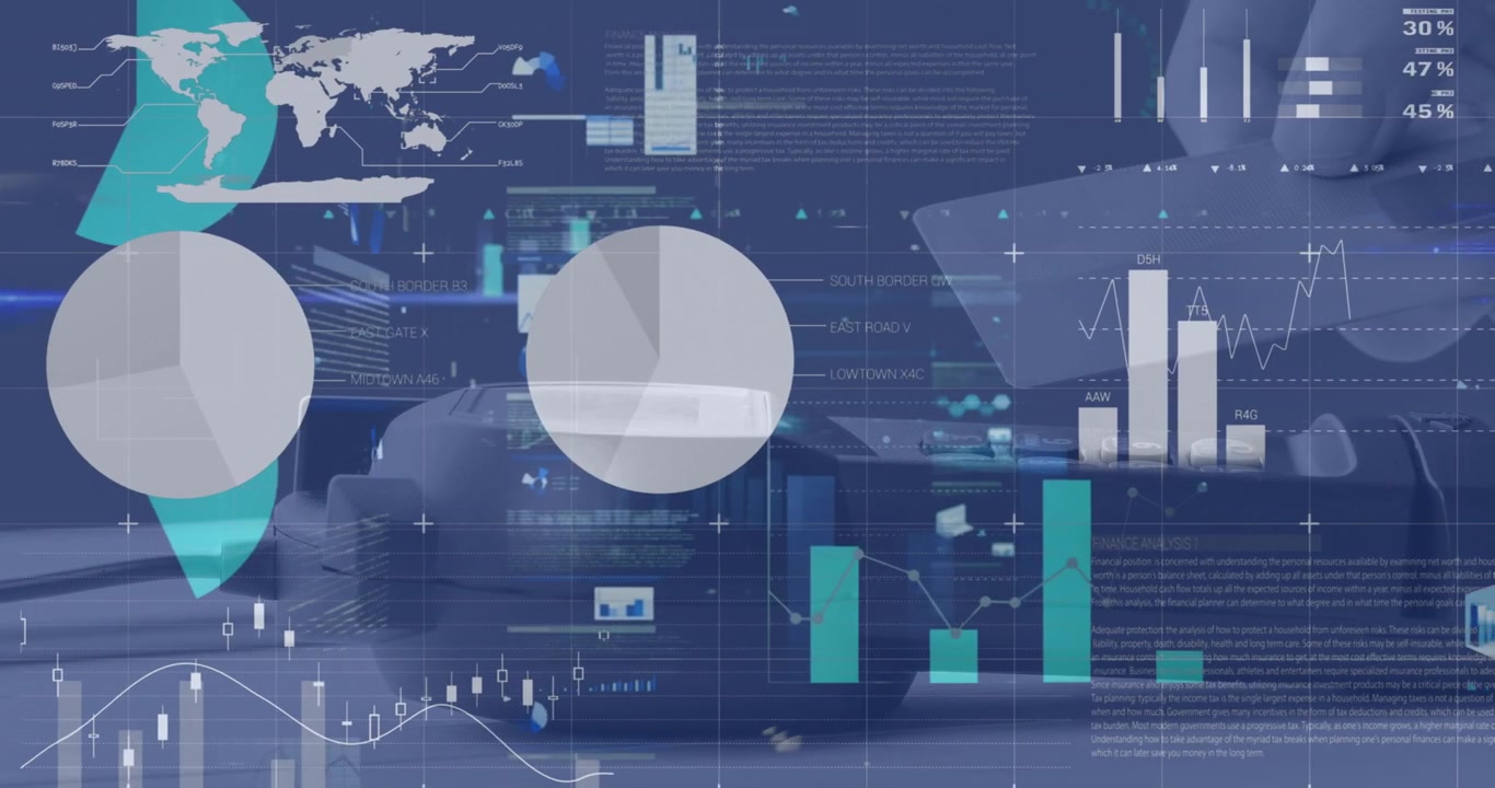 Animation of statistics and data processing over empty office