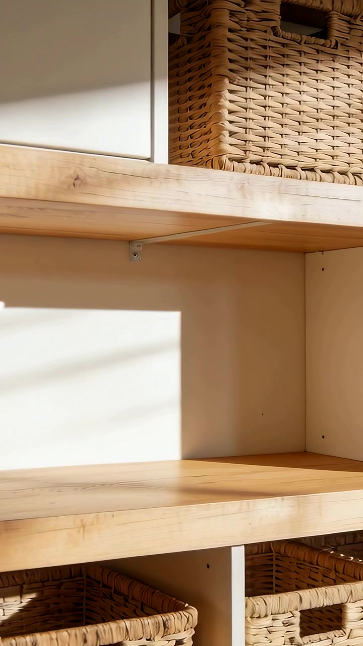 Video vertical: Luz solar cambiante deslizándose por un estante de madera en casa, mostrando cestas de mimbre