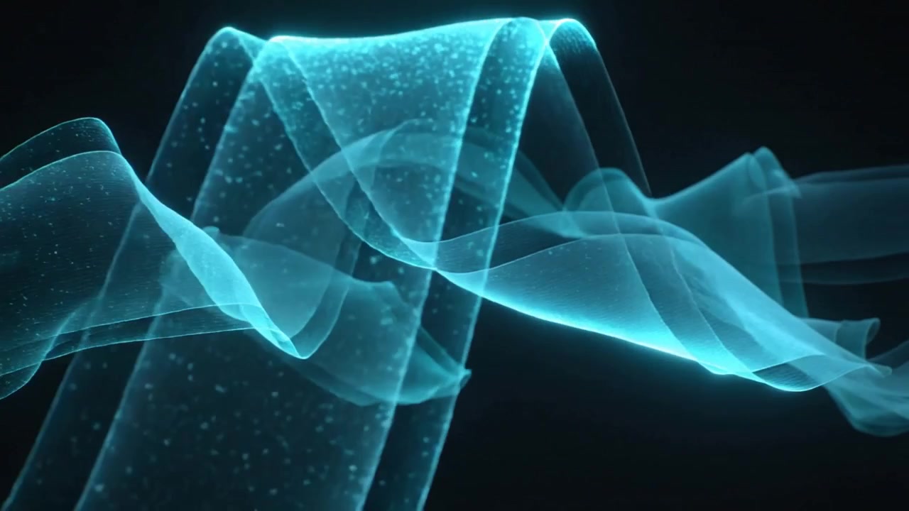 Emerging cyan ribbon with particles, thin wave widening, weaving into dense spirals in dark void
