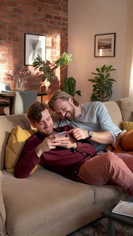 a gay young couple are sitting on a sofa and looking at his cell phone