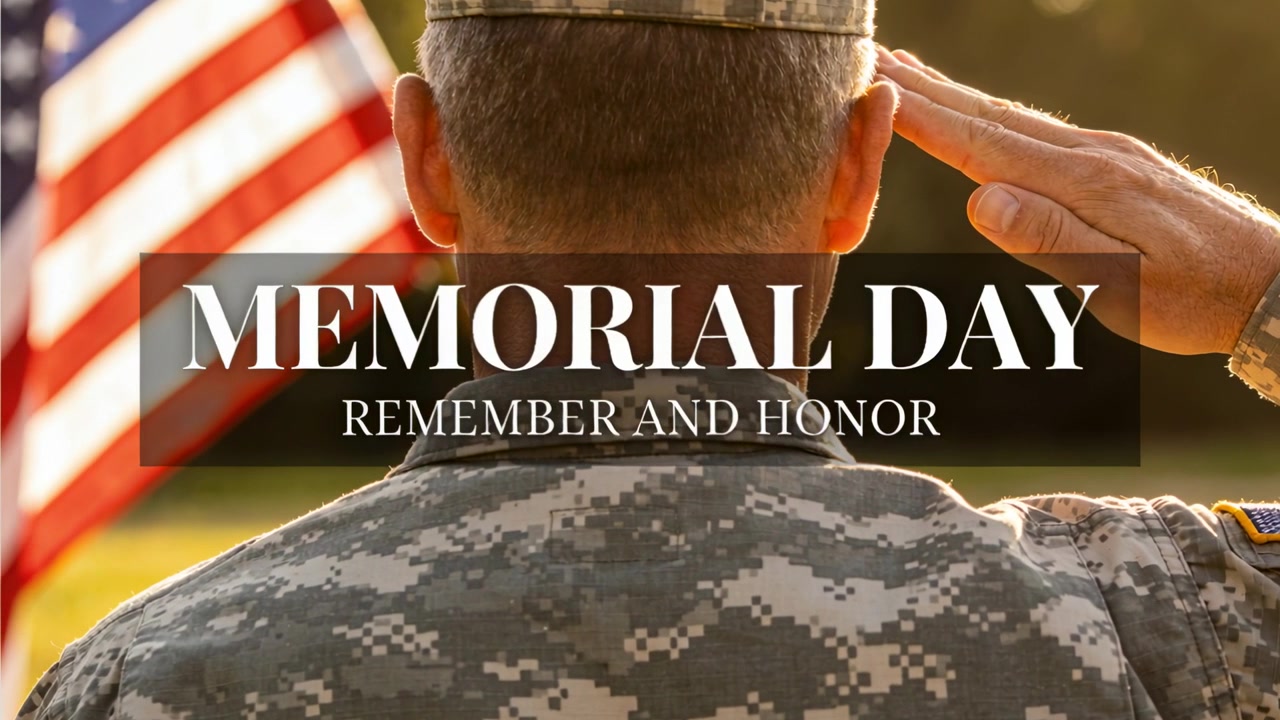 MEMORIAL DAY verschijnt, soldaat heft rechterhand op, salueert ter ere van het monument, pet, Amerikaanse vlag links