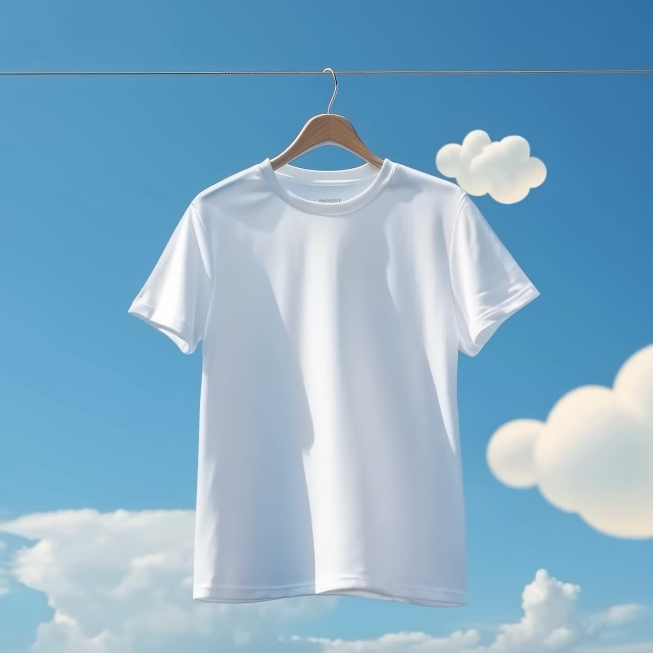 Una T-shirt bianca è appesa a un appendiabiti di legno, sullo sfondo di un cielo azzurro e luminoso con nuvole