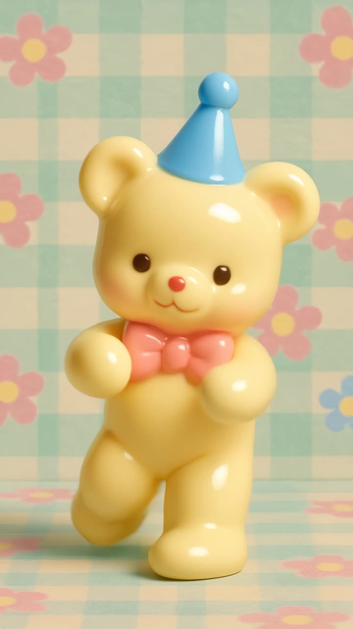 A playful toy bear with a party hat and bow tie, shot from a low angle