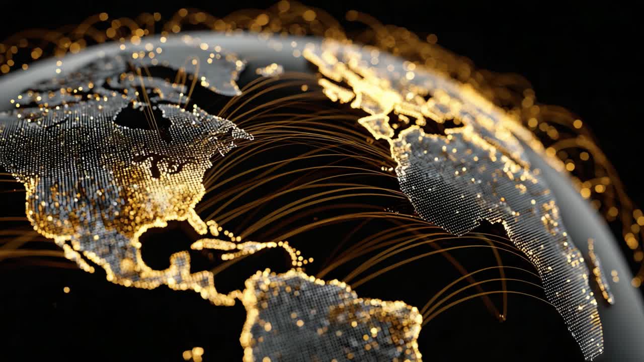 A Dynamic Representation of Global Connectivity Featuring Illuminated Network Lines Traversing the Continents and Highlighting Major Urban Areas