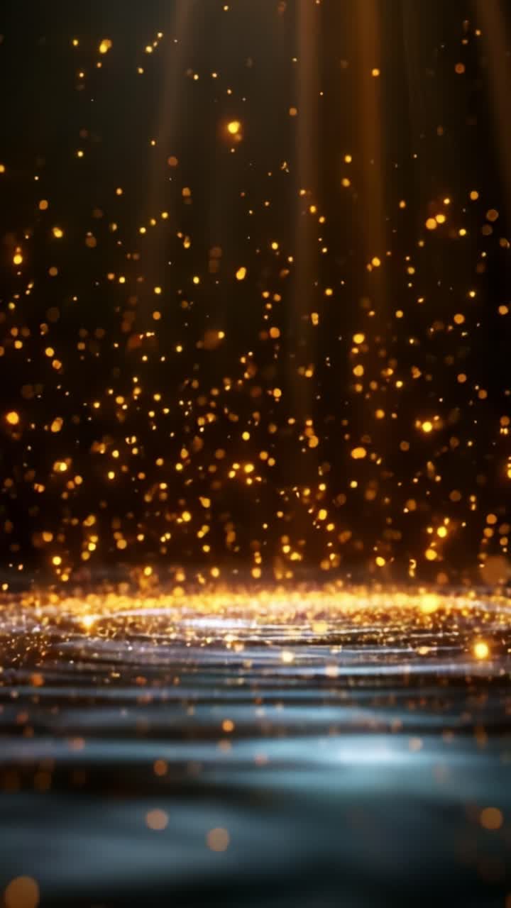 Luci scintillanti creano un'atmosfera incantevole, con particelle fluttuanti che danzano sopra una superficie tranquilla, evocando un senso di magia e meraviglia